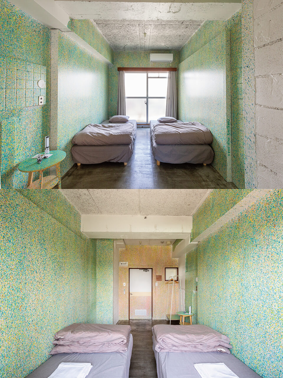 [ホテルアートルームプロジェクト]<br />
「アウト プット アート プット」<br />
2018<br />
ホテルの1室に全面的にペインティング/宿泊可能<br />
acrylic direct on wall<br />
SHIBAMATA FU-TEN Bed and Local/東京
